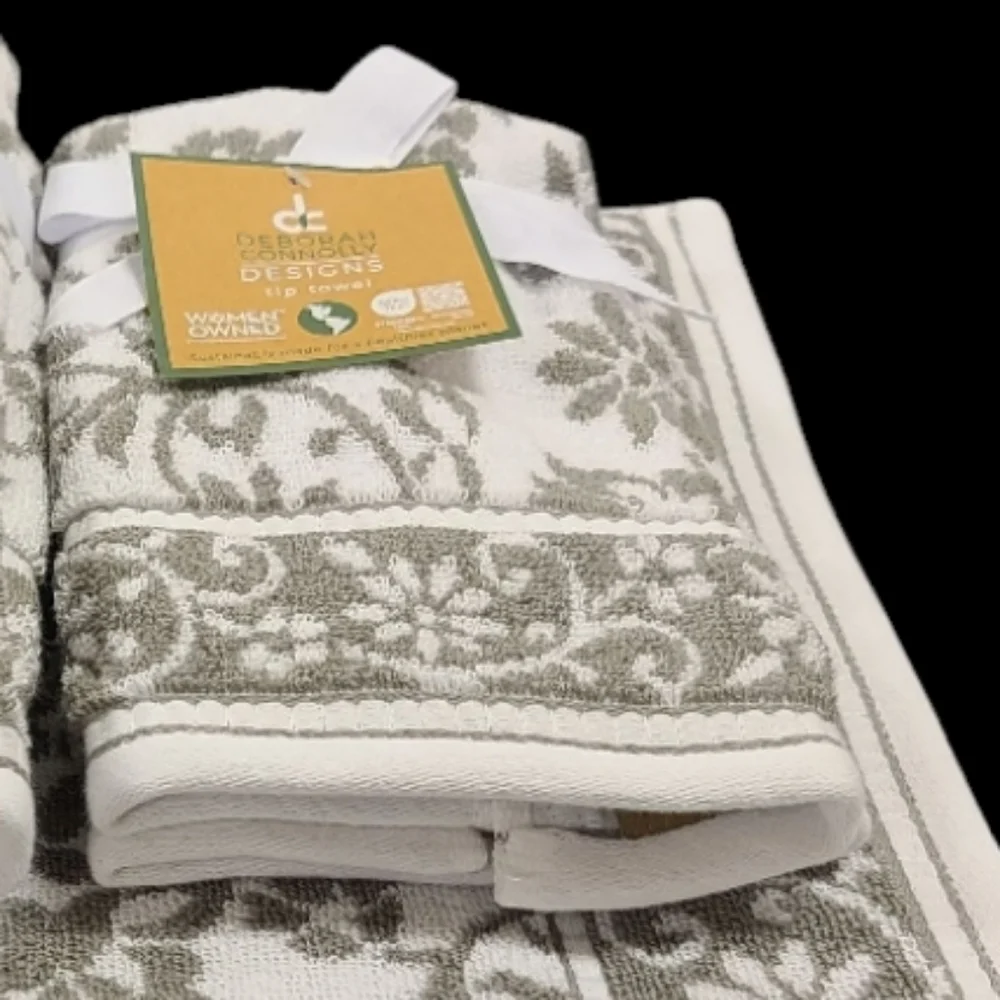6pc Deborah Connolly Floral Scroll Damask Bath Hand Tip Towel Set Gray White New
